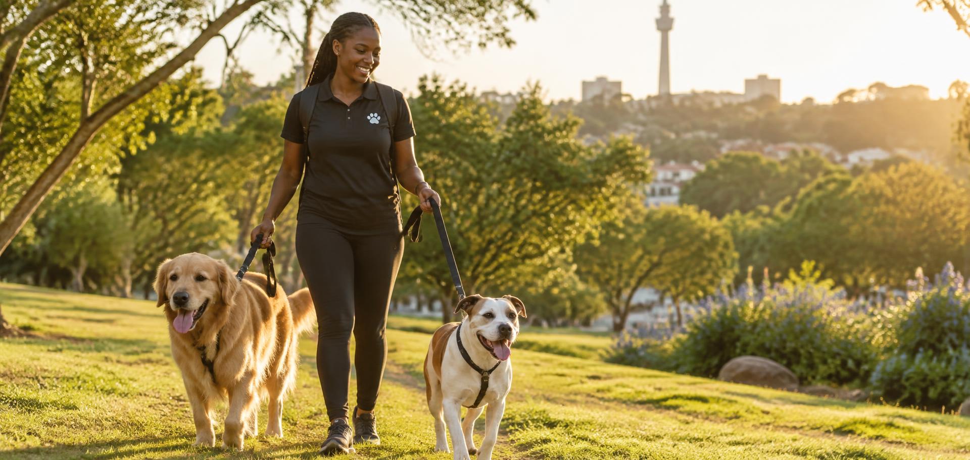 Pawsitive Petz carer walking dogs in a Johannesburg park