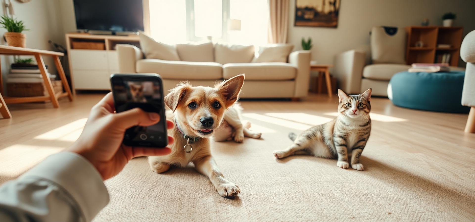 Dog and cat relaxing at home while their owner sends a message